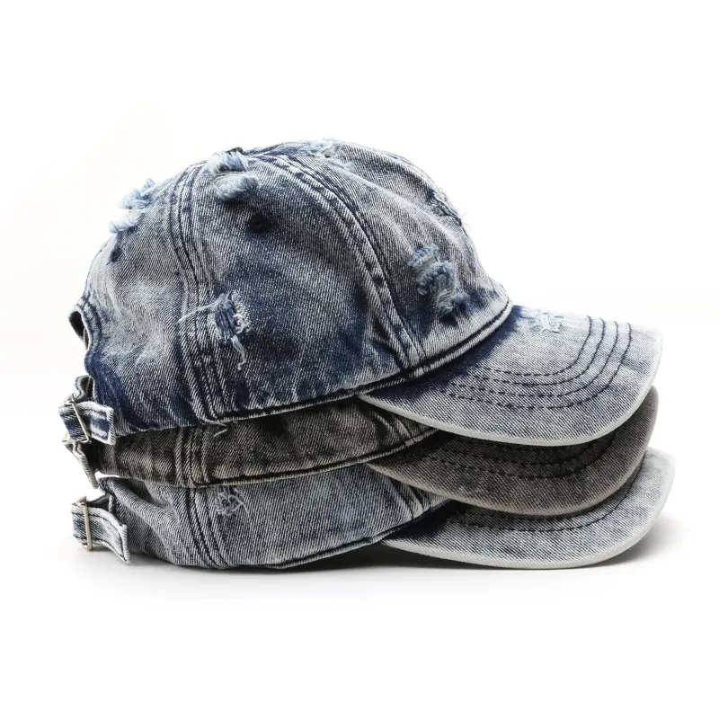 Cappelli con Logo personalizzato Jeans strappati berretto da Baseball Vintage cappello da papà invecchiato lavato in Denim blu
