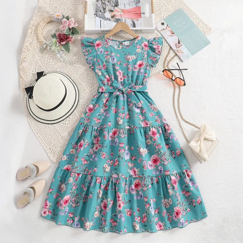 Vestido de verão para meninas, vestido casual com manga voadora e gola redonda estampado de flores, linha A, para crianças, 2024, ideal para meninas