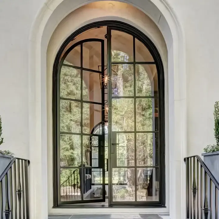 Puerta delantera de hierro moderna, puerta de vidrio arqueada completa para casa de entrada, puerta de vidrio de acero arqueada, proveedores de diseño