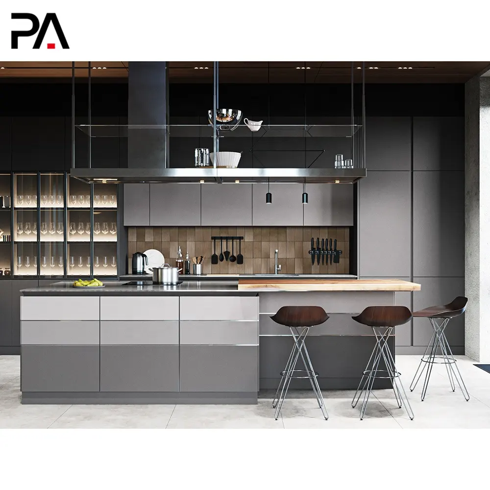 PA современный дизайн МДФ серый матовый лак кухонный шкаф