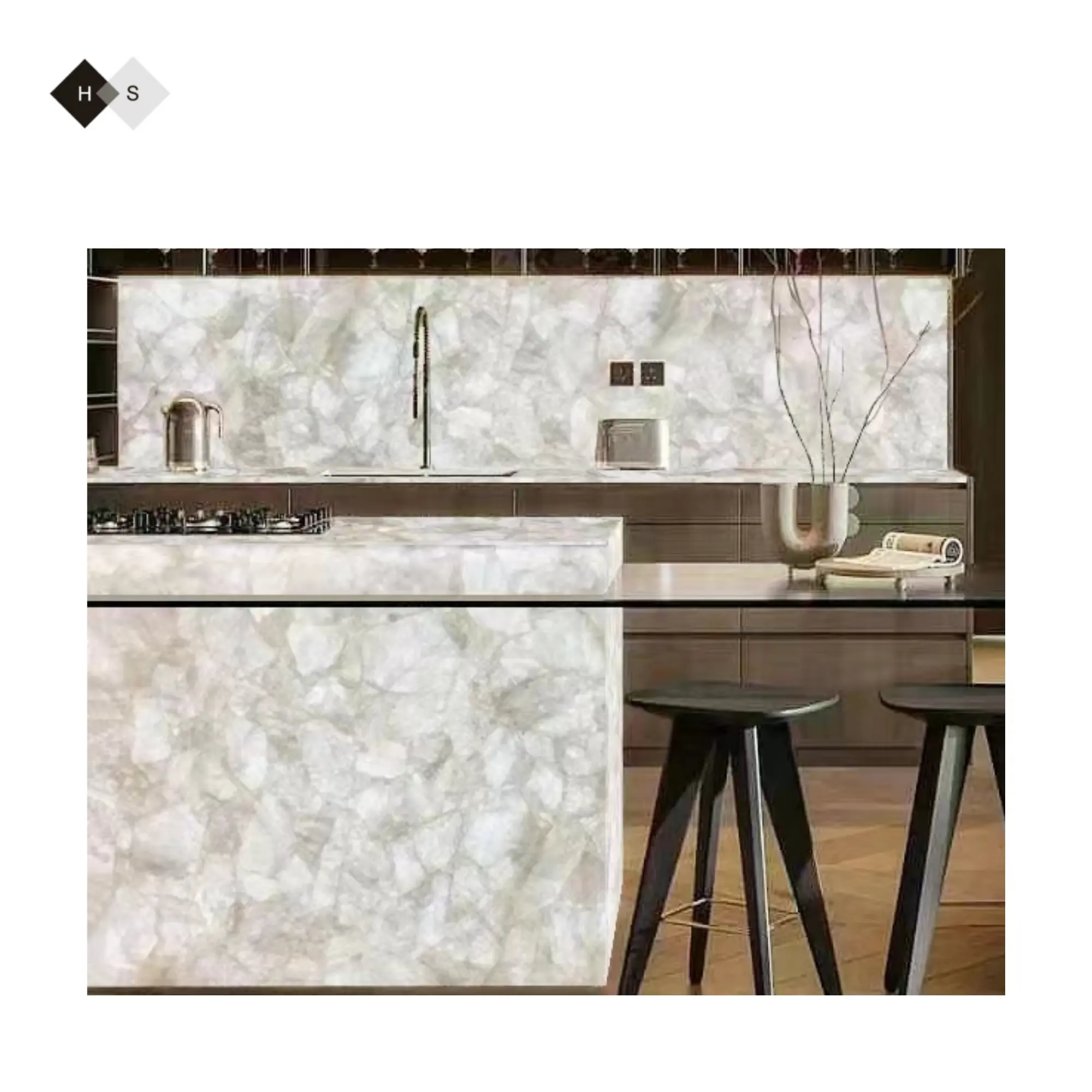 Luxo semi-preciosa pedra laje Backlit Natural White Crystal Quartz Slab pré-cortado cozinha bancada