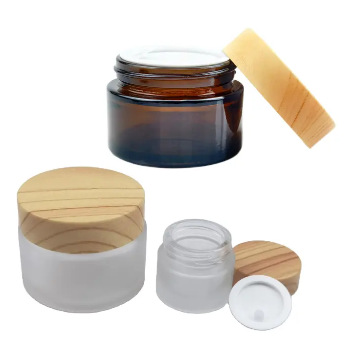 Barattolo di vetro cosmetico marrone ambrato vuoto 1oz 5g 10g 15g 20g 50g 100g 30g barattolo di vetro smerigliato crema per gli occhi 50ml con coperchio in bambù