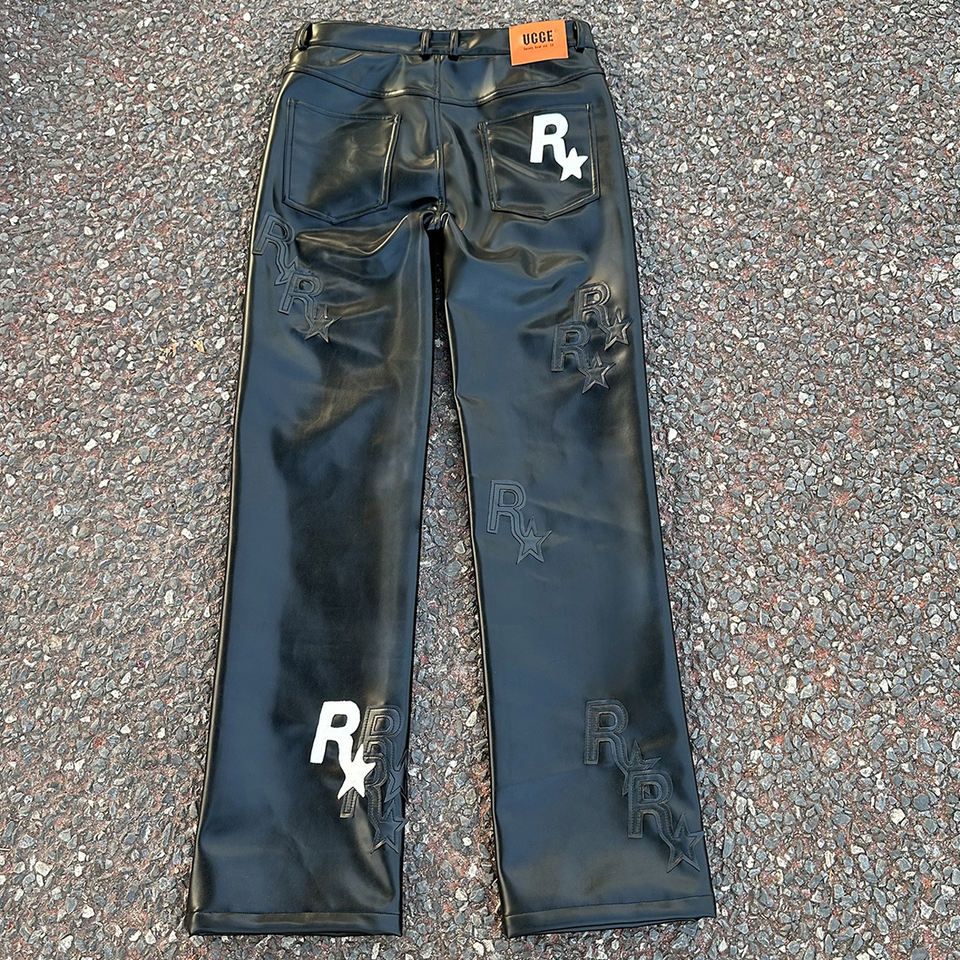 Pantaloni in pelle da uomo con toppa ricamata pantaloni Hip Hop Punk Streetwear personalizzati