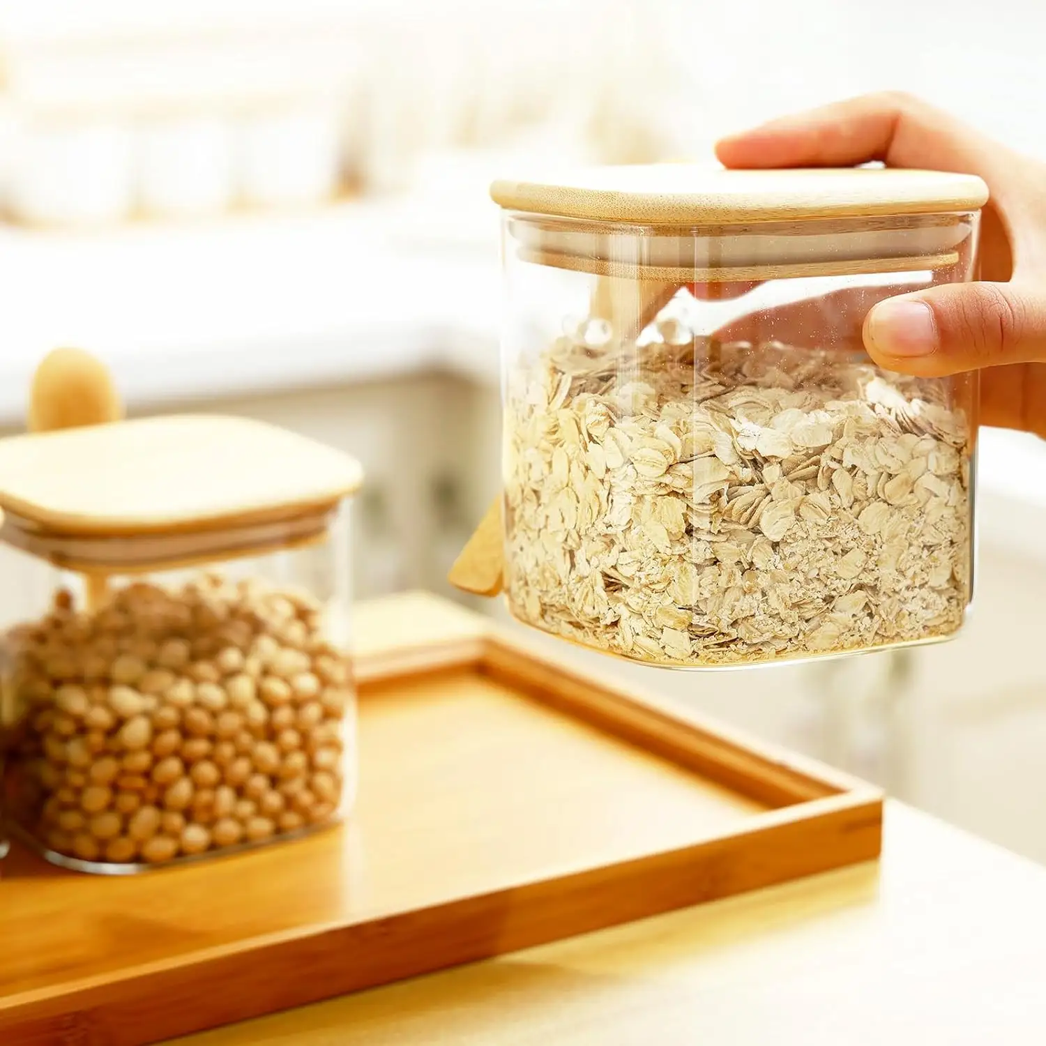 Tarro de almacenamiento de cocina al por mayor, tarro cuadrado de vidrio transparente para alimentos, tarro con cuchara, utensilios de cocina con tapa de Bambú