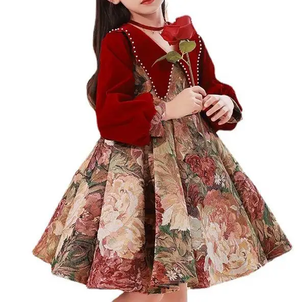 100-160cm kız elbisesi çiçek çocuk düğün ev sahibi piyano performans elbise yeni yıl prenses elbise