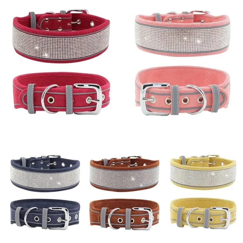 Collar reflectante de cuero para perros, correa para el cuello con diamantes de imitación para perros medianos y grandes