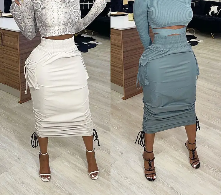 2022 Autumn Women's strap drawstring New Knitted bandage Split Lace-up Sexy Solid Color women Skirt