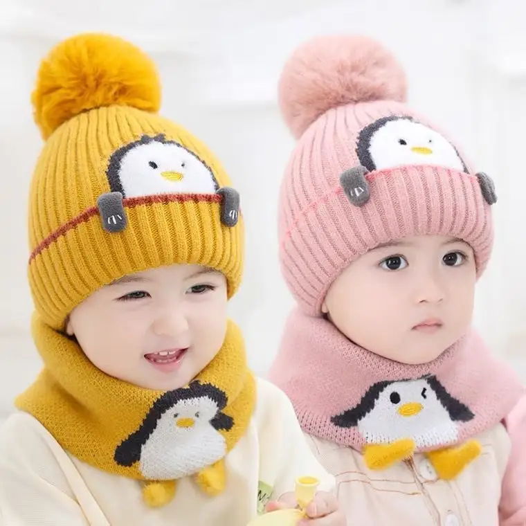 Conjunto de gorros y bufanda de pingüino con dibujos animados para niño y niña, conjunto de gorro, bufanda, orejeras, sombrero, bufanda, traje cálido para invierno