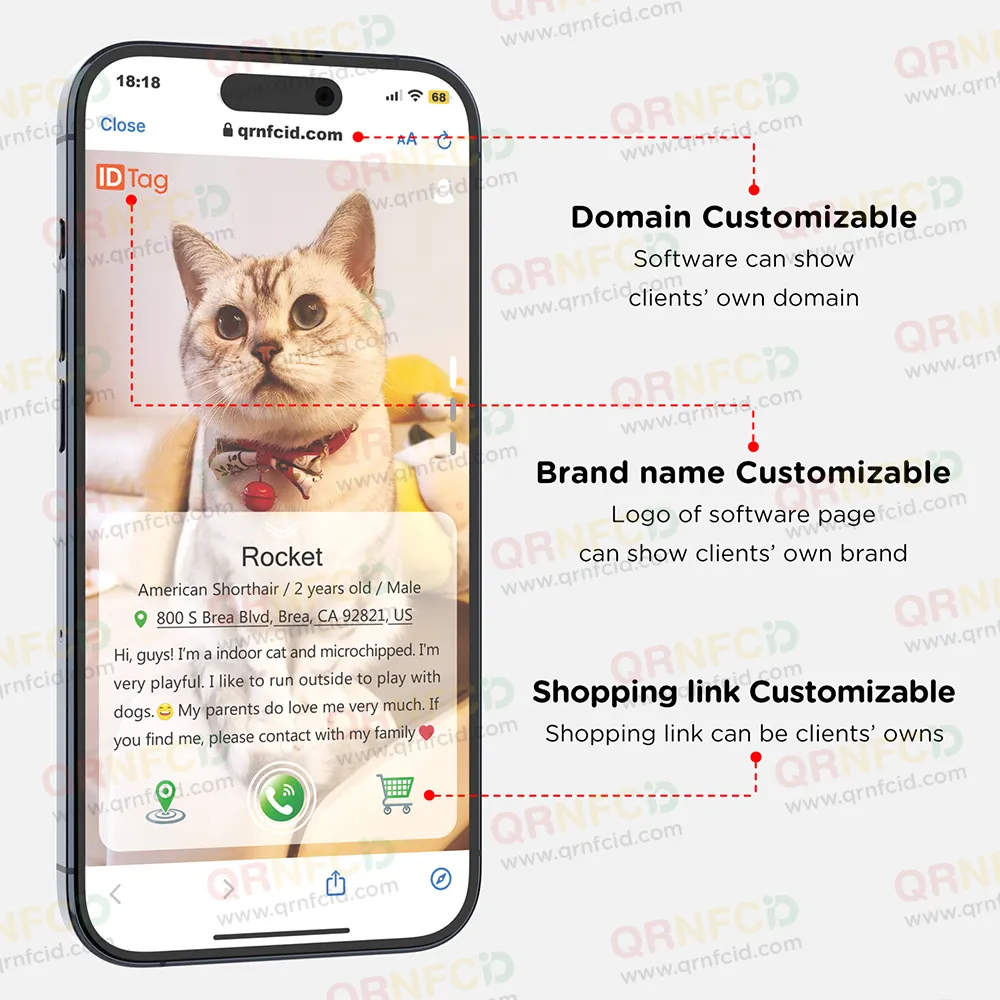 Etiqueta de identificação de nome de gato de cachorro de estimação de silicone redondo com código QR NFC personalizado