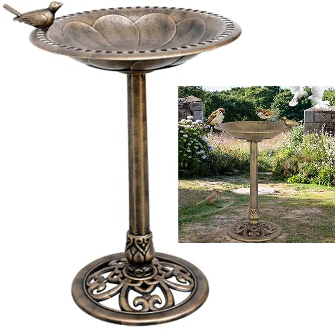 Oro antiguo de Pedestal independientes pájaro baños de agua tazón alimentador al aire libre jardín patio Decoración