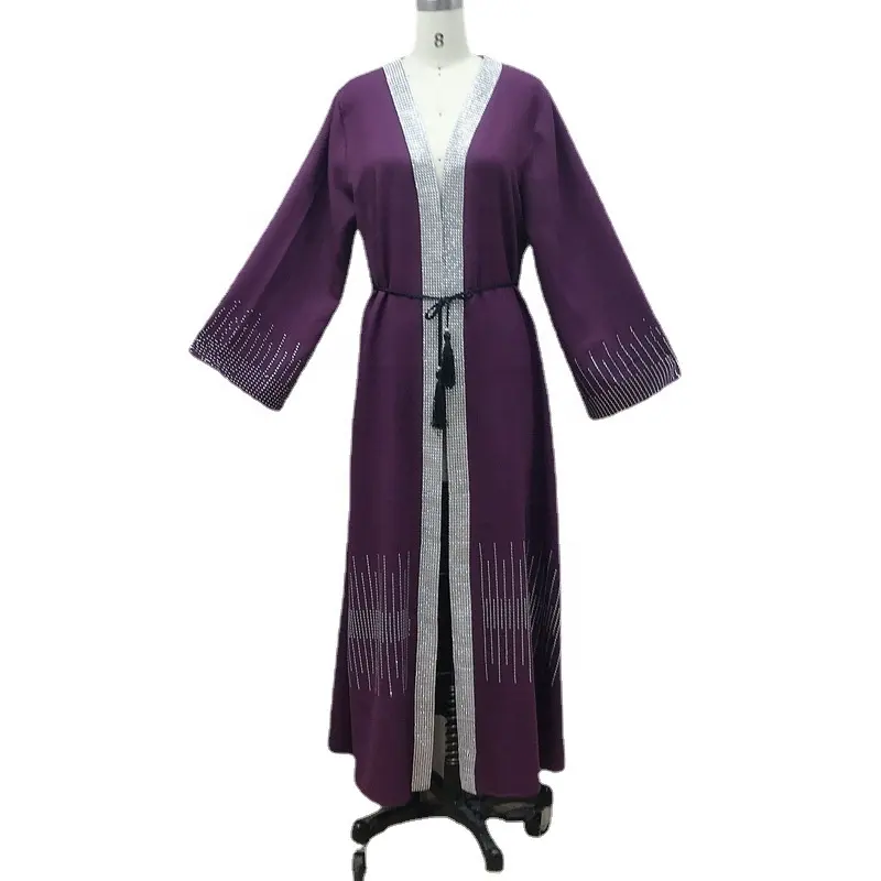 Wholesale Basic Style V-neck Designer Embroidery Rhinestone Sequin Islamic Clothing Robe Women Modest Open Abaya Muslim Dress