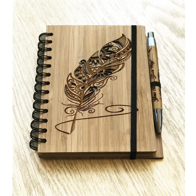 Piuma Personalizzato Notebook con Coperchio Di Bambù Personalizzato Inciso a Laser Memo Pad Eco-Friendly di Cancelleria All'ingrosso Della Fabbrica