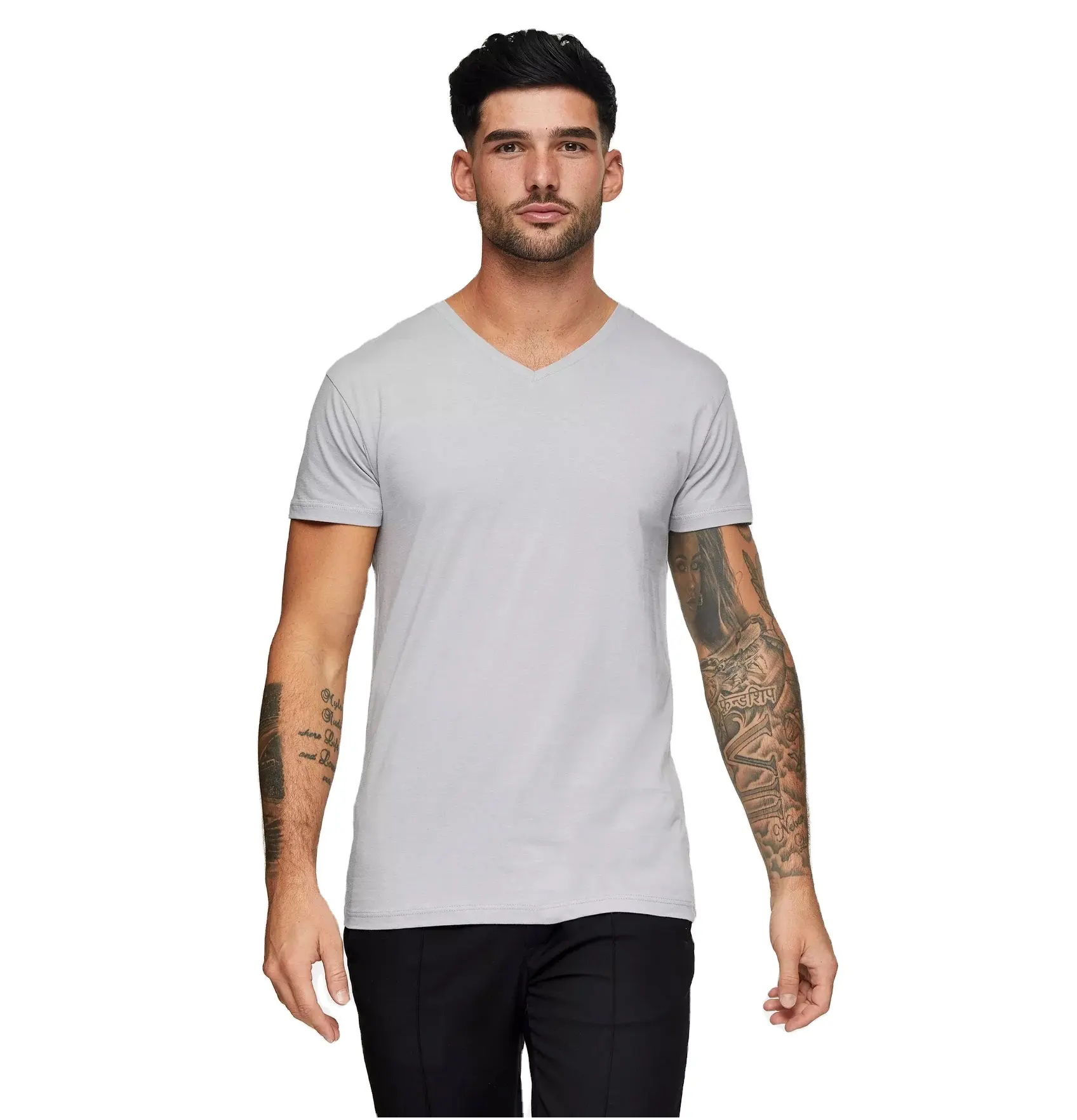 TS870 उच्च गुणवत्ता OEM पुरुषों सादे वि गर्दन टी शर्ट ग्रे कस्टम मुद्रण 100% कपास आकस्मिक टी रिक्त टी-शर्ट Mens मुद्रित Tshirts