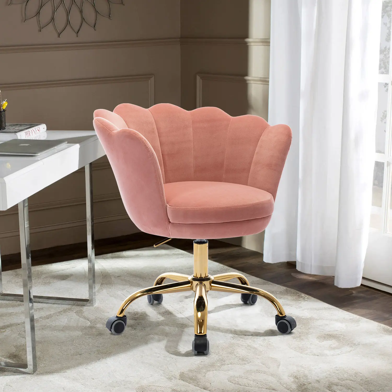 Sedia da ufficio da soggiorno sedia a conchiglia girevole in velluto poltrona da ufficio moderna per il tempo libero Silla rosa Para Salon con ruote