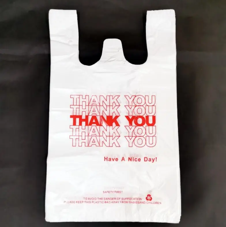 Camiseta de plástico barata impresa personalizada Bolsas de agradecimiento de plástico comercial