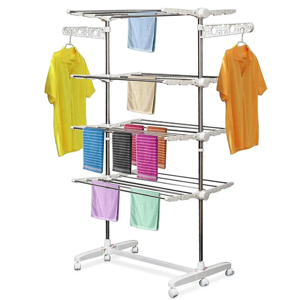 Rack de secagem dobrável de 3 andares, rack com prateleira móvel para pendurar roupas, 6 rodas