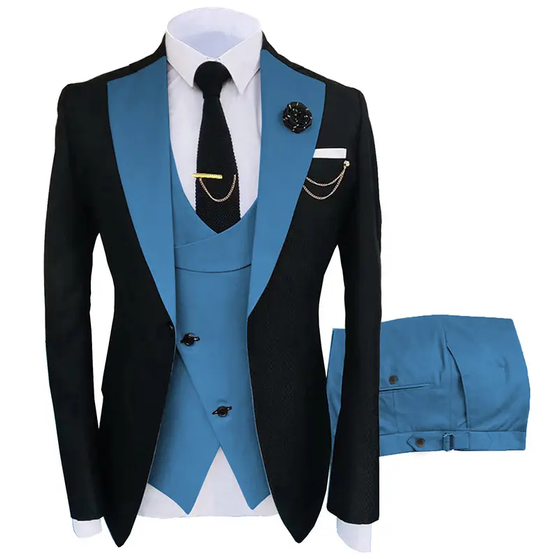 Luxe 3-delige Heren Trouwpak Mode Heren Slanke Contrast Kraag Formele Pak Heren Blazer Broek + Vest Sets