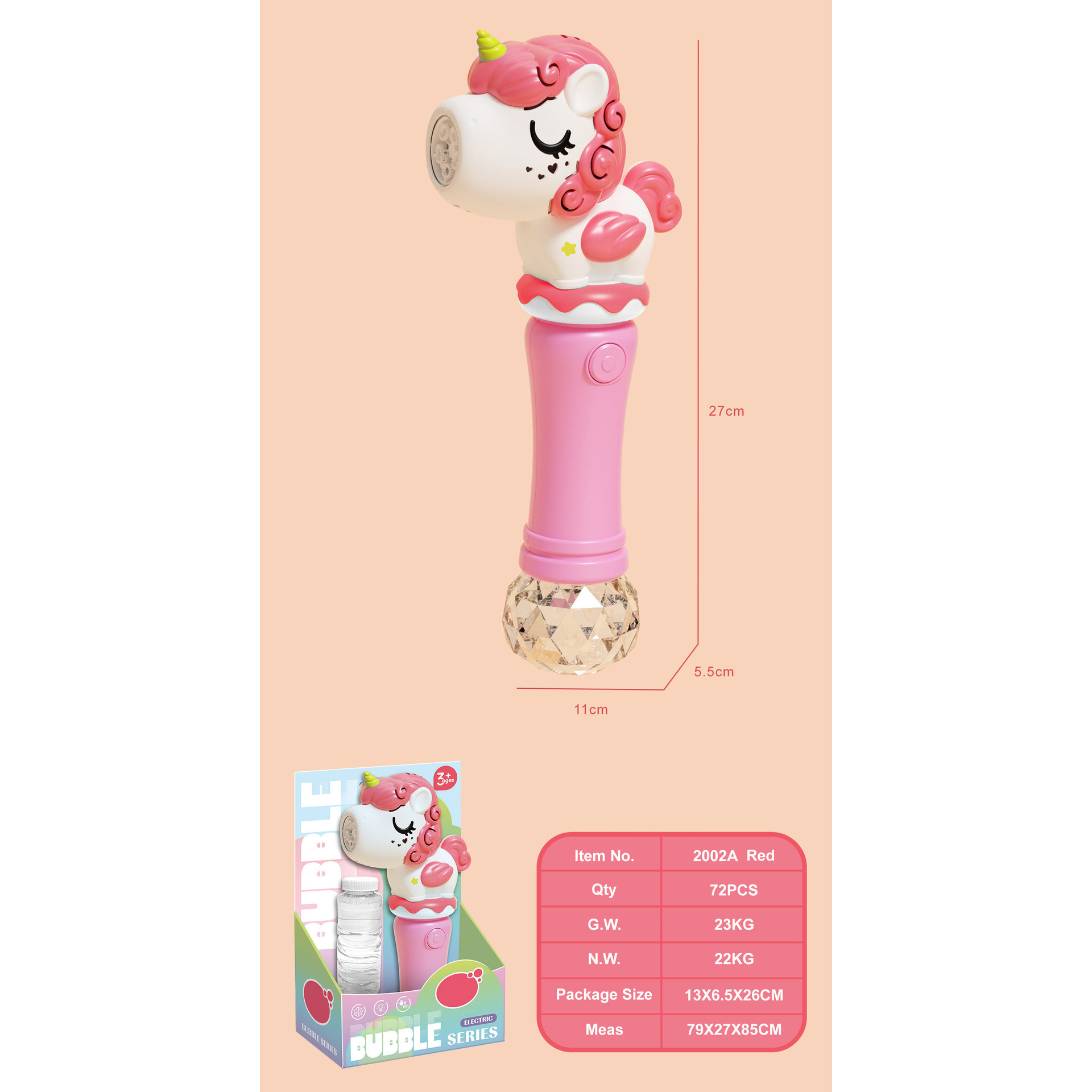 Red Unicorn Bubble Stick 120ml Water * 1 Display Box