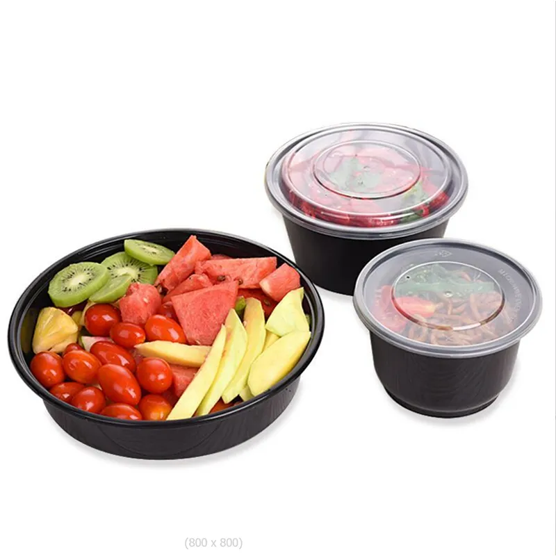 Mikrodalga güvenli tek kullanımlık PP yuvarlak yiyecek kasesi restoran dereceli plastik To-Go kapaklı kutu tek kullanımlık sofra