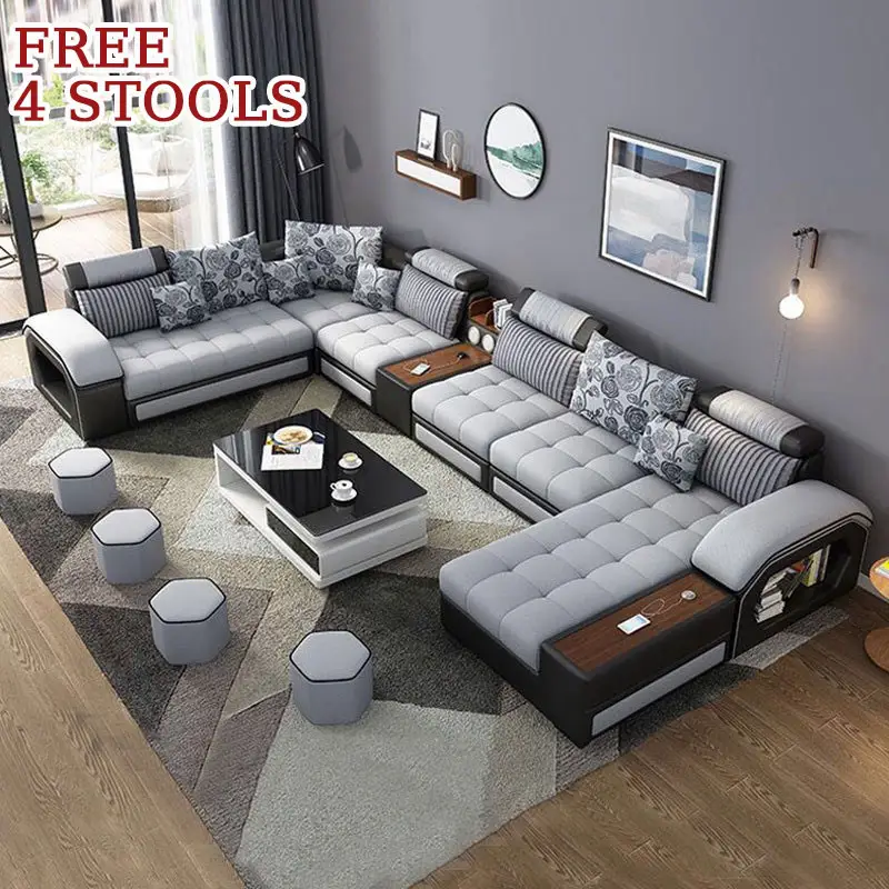 Set Furnitur Rumah Modern, Sofa Bentuk U Ekstra Besar, 7 Tempat Duduk Sofa Ruang Tamu dengan Kursi Malas