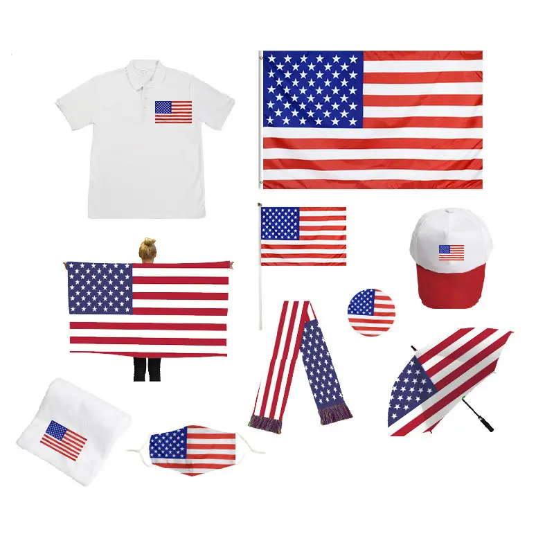 Großhandel Amerika Produkte Souvenir T-Short National Polyester USA Wahl Hand Waving Flag Satin Schal Hut