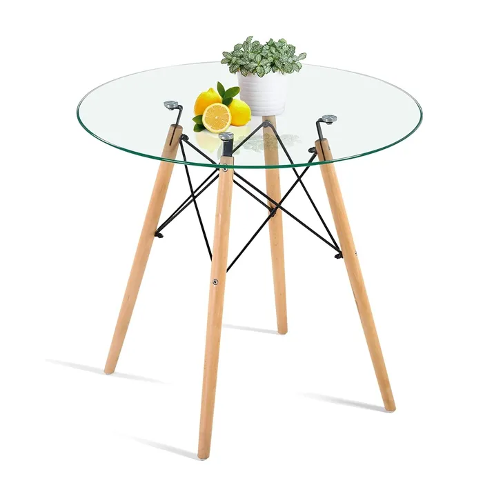 Table à manger ronde en verre de 32 "avec pieds en bois pour le dîner de petits espaces