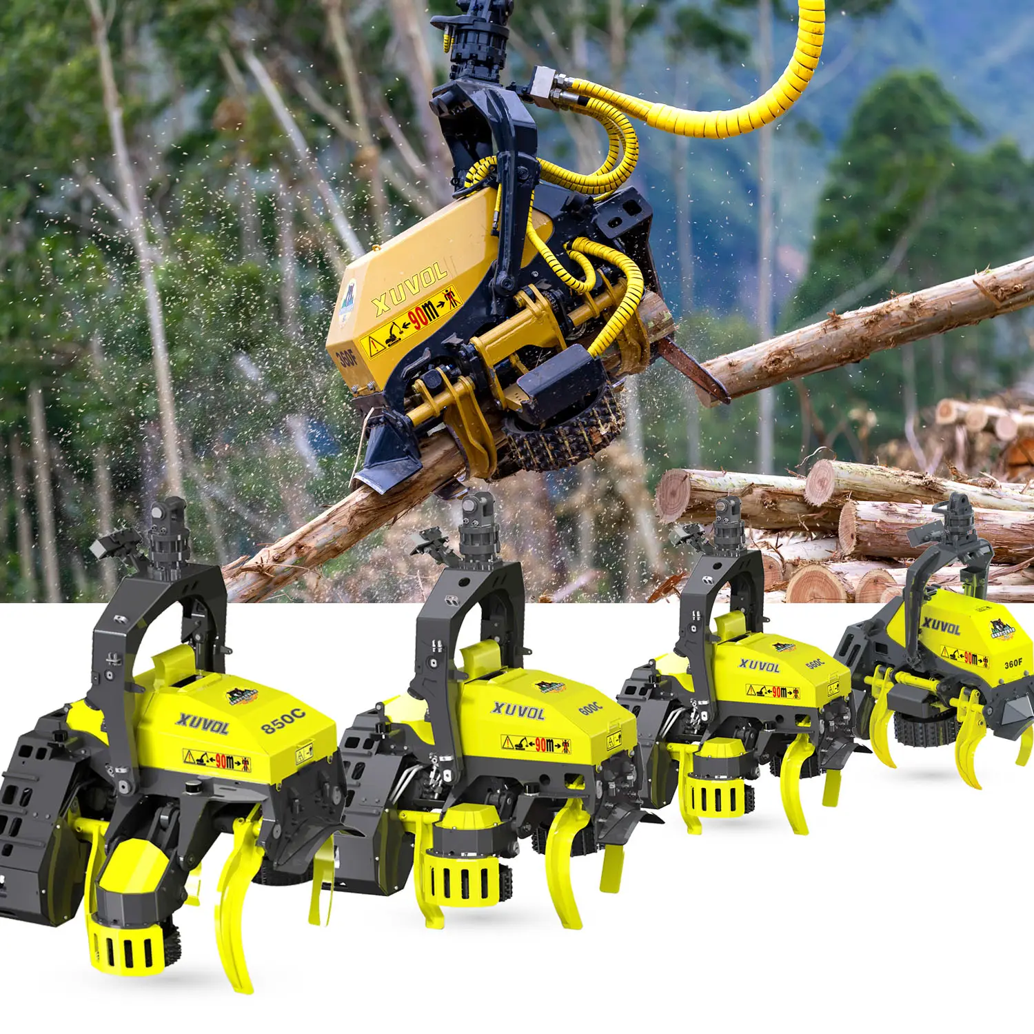 XUVOL OEM/ODM 30mm-860mm Máquina de corte hidráulica forestal Eucalipto Radiata Pino 12-30 toneladas Excavadora Árbol Cosechadora Cabeza