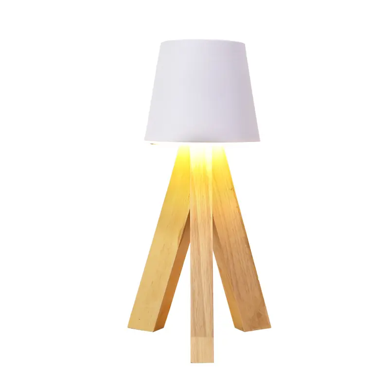 Lampe de chevet en bois à LED Lampe de table à trépied Abat-jour en lin blanc vintage pour chambre à coucher salon Ampoule à douille E27 non incluse