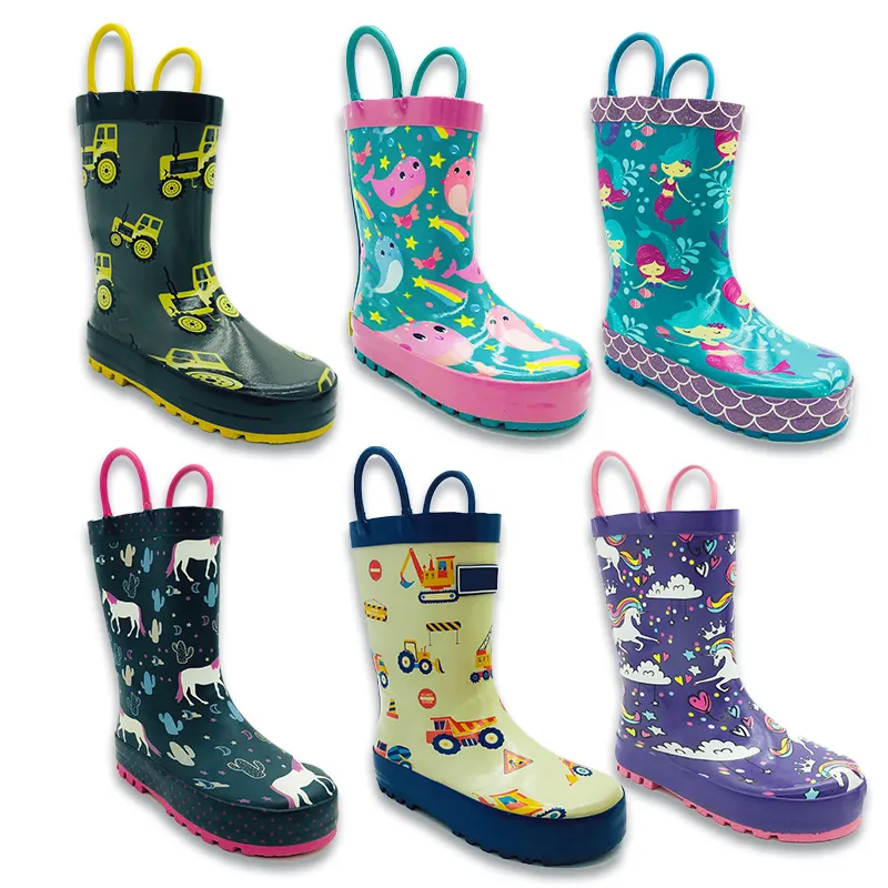 OEM impermeable niños botas de agua niño Gumboots impresión goma niños Botas de lluvia con asas fáciles de poner