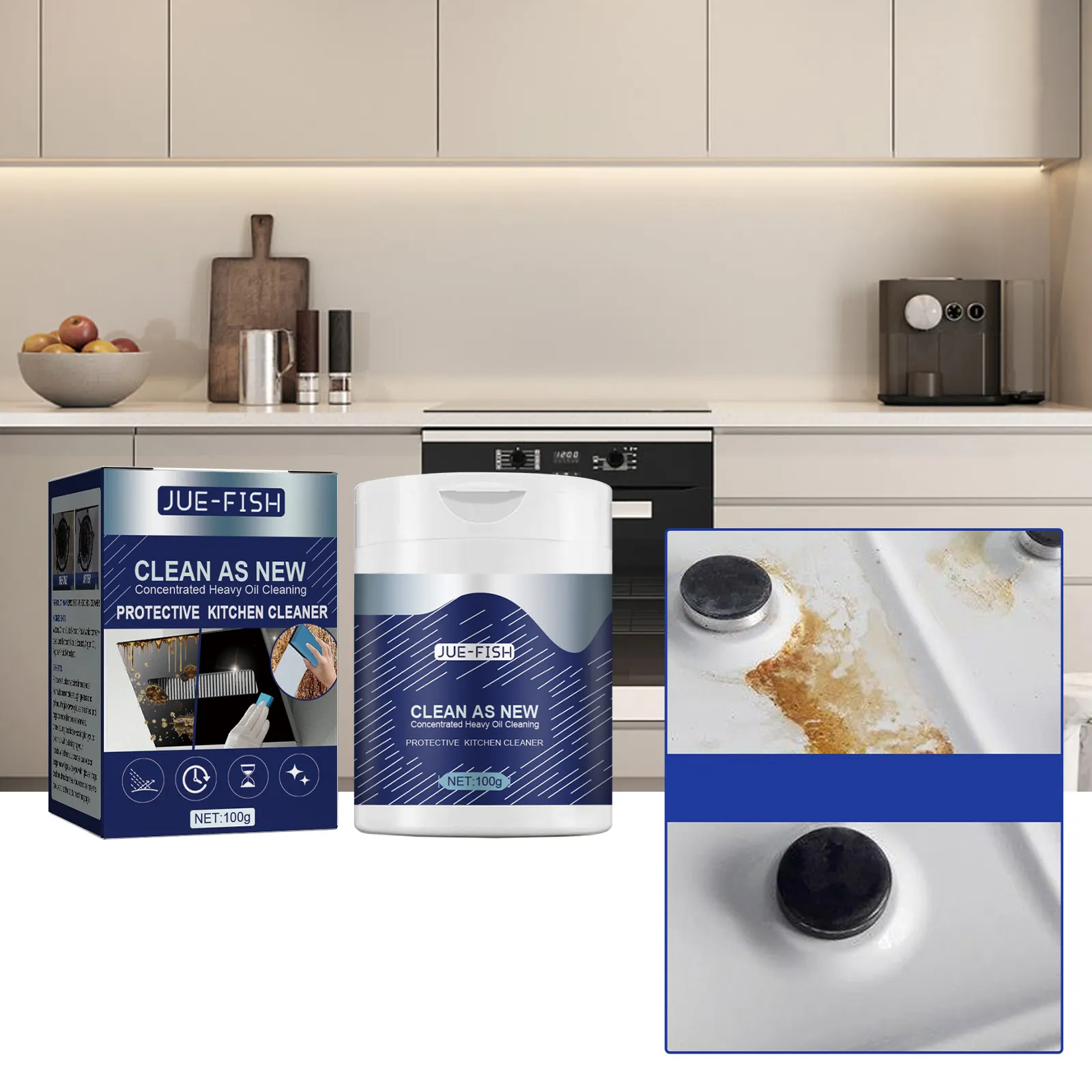 Jue-fish効果的なクリーンクッキングオイル持続可能なオイルフィルムは、キッチン用の使いやすいオイルクリーニングパウダーを取り除きます
