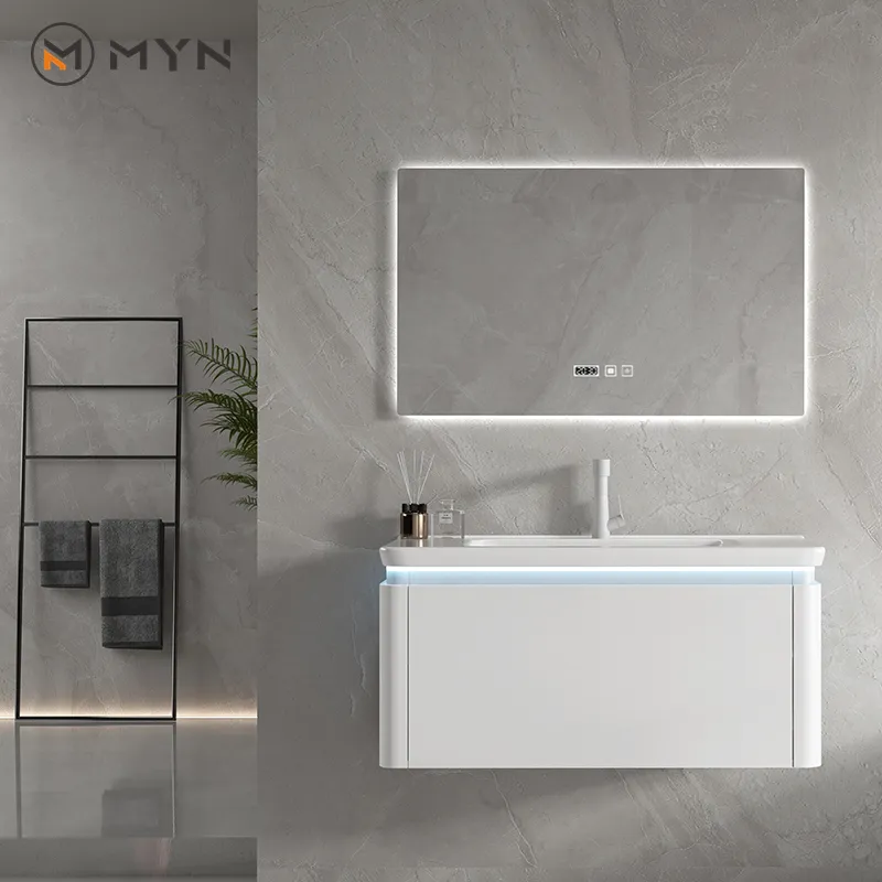 Espejo de cerámica impermeable para baño, mueble de diseño moderno con sensación de piel blanca, montado en la pared, personalizado