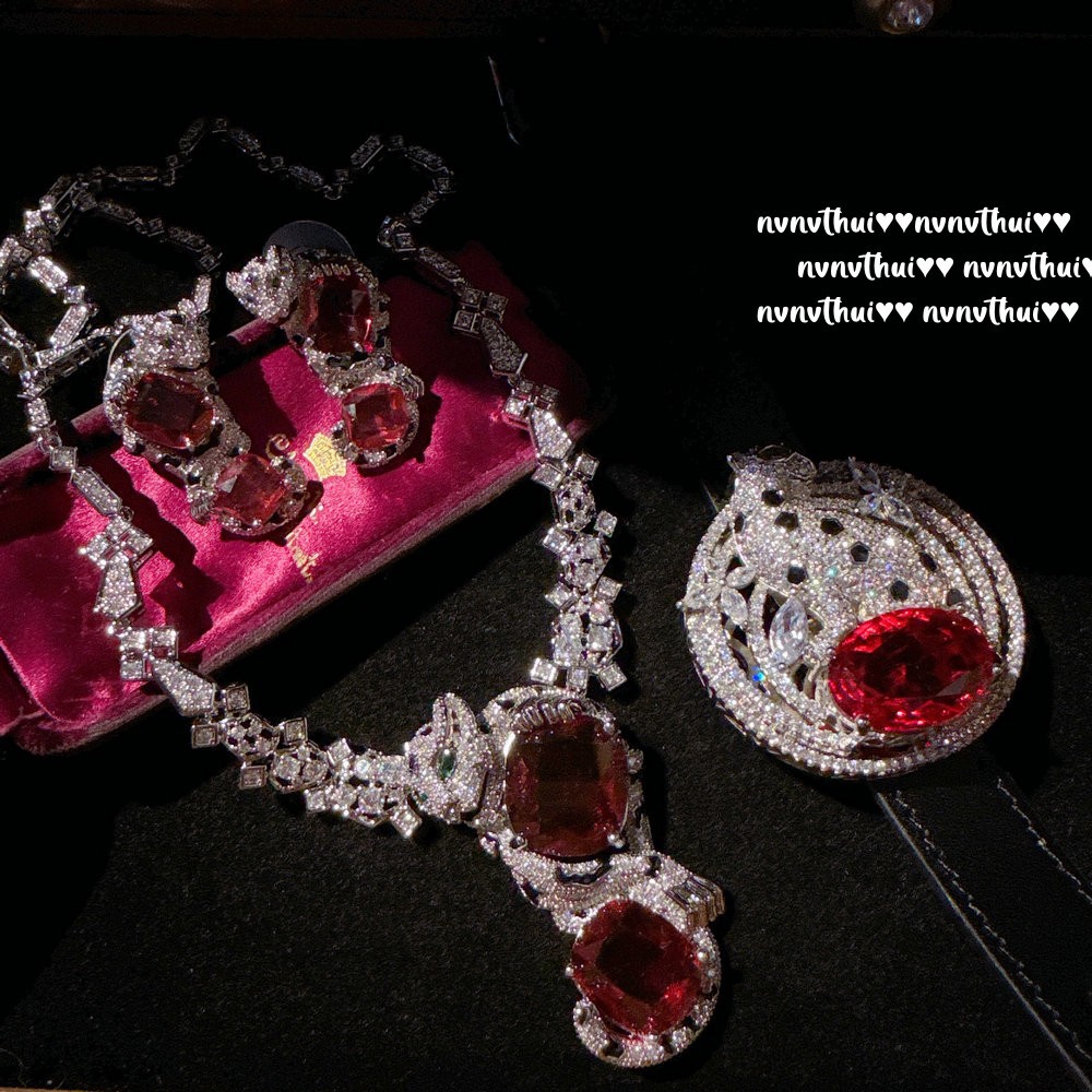 532xn pomegranate red big zircon cheetah necklace & earrings