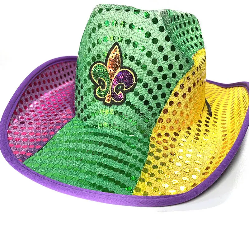 Martedì Gras Party viola verde giallo paillettes cappello da cowboy patchwork carnevale cappello ricamato con paillettes