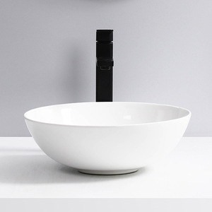 Lavabo圆形水槽台面盆水槽有光泽的白色实心脸盆浴室水槽 - Product Image 3