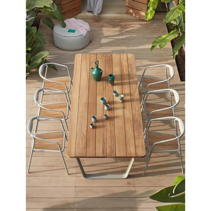 Teakholz Outdoor Restaurant Tisch Möbel Garten Terrasse Holzplatte Metallbein Rechteck Esstisch