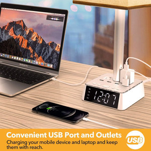 Başucu komidin masa masa lambası USB C USB ile bir port ve AC güç çıkışları çalar saat baz kare yulaf ezmesi kumaş abajur - Product Image 5
