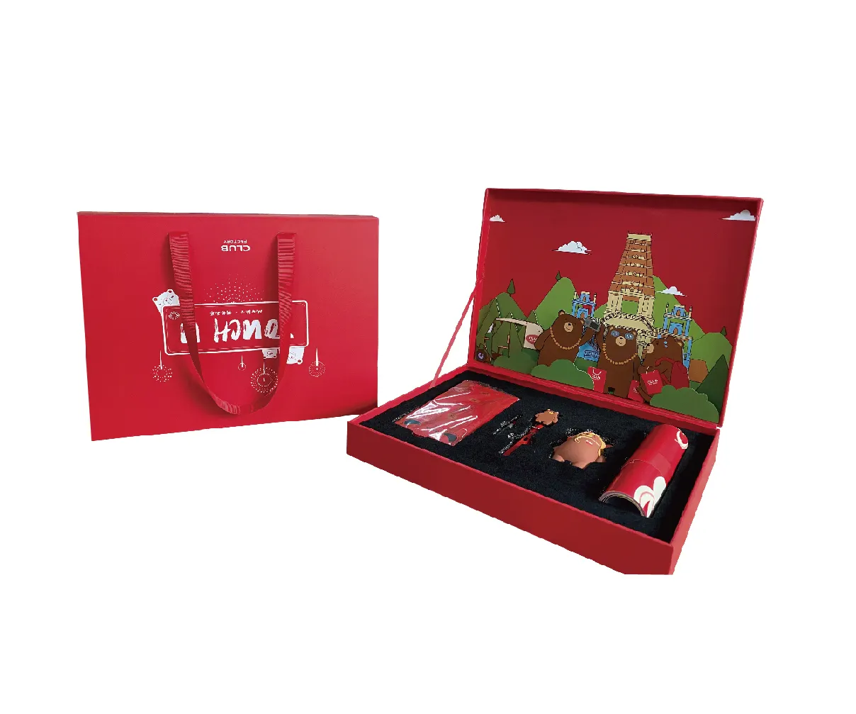 Personalizado flap Natal presente caixa rígida embalagem caixa com nervuras corda alça para crianças papelaria conjunto