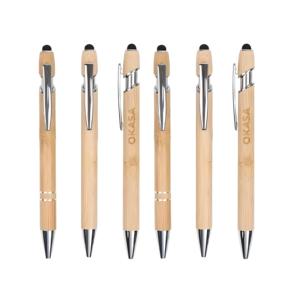 2 in 1 çevre dostu bambu kalem Stylus kafa eko hediye seti ile baskılı kazınmış özel Logo kalemler bambu Stylus