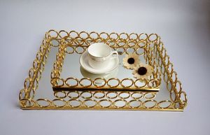 现代金色矩形华丽金属服务镜面托盘与圆形珠宝化妆chrom tablett - Product Image 4