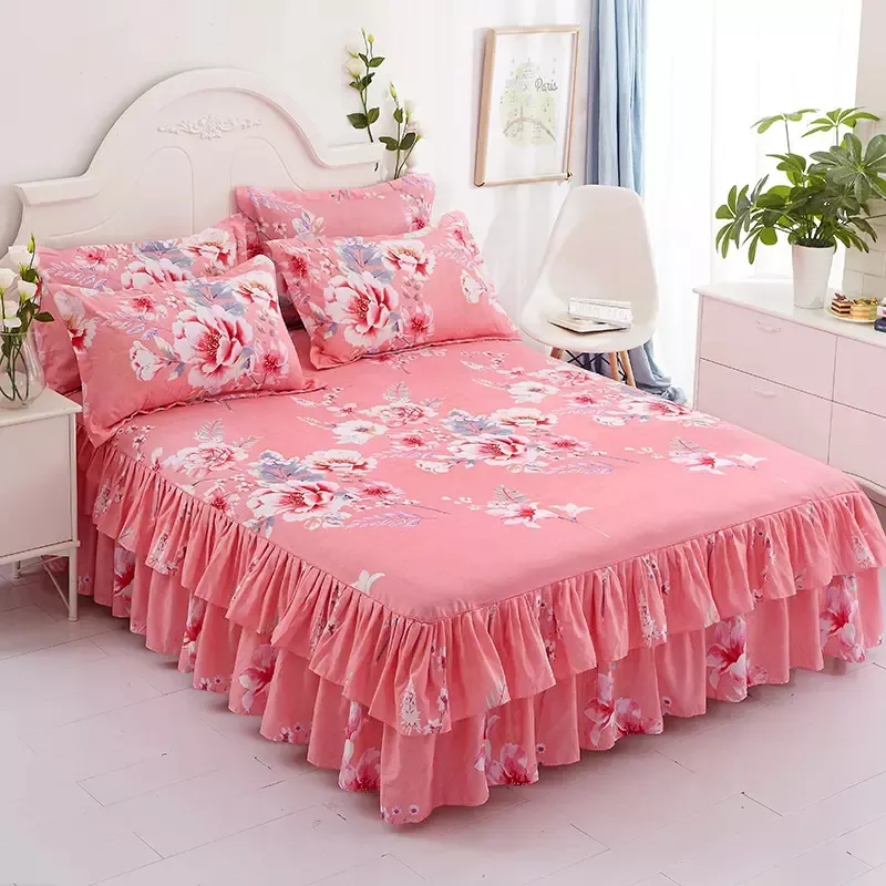 Colcha de doble capa, con estampado Floral sábana, falda de cama Bilateral + 2 pares de fundas de almohada