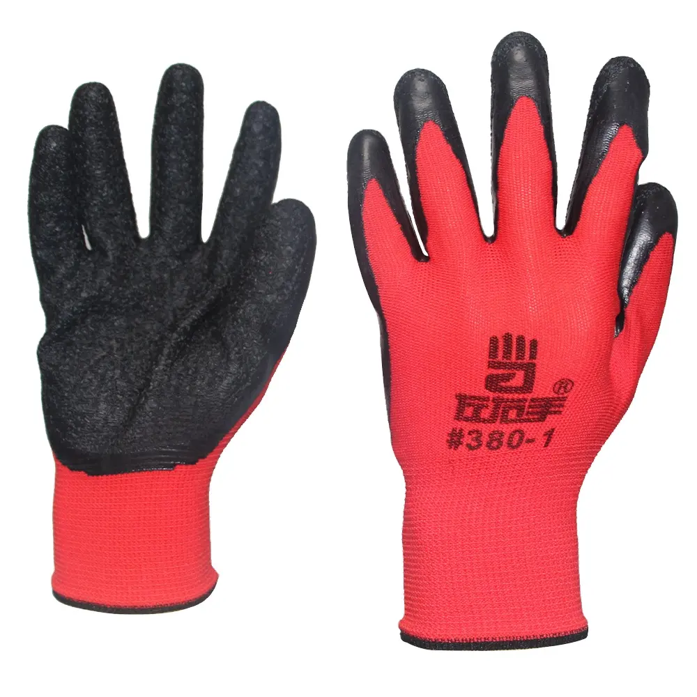 Gants de travail industriels enduits de caoutchouc enduit de paume en latex froissé doublé de polyester 13Gague