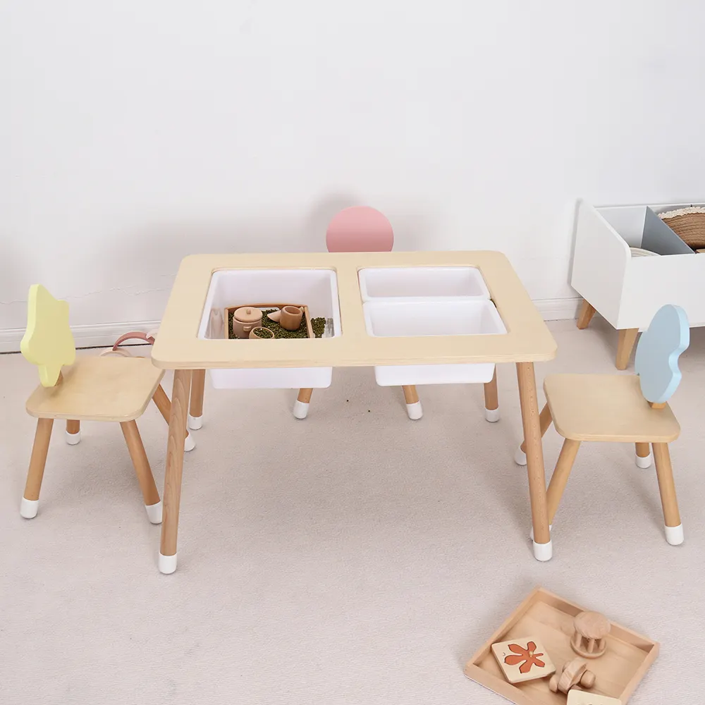 Mesa sensorial infantil Montessori moderna com caixas de madeira, mesa de atividades de madeira para jardim de infância pré-escolar, areia e água