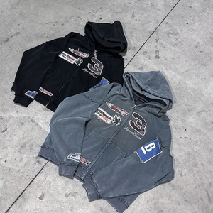 Özel Hades Vintage işlemeli yama ağır 500gsm çift fermuar asit yıkama % 100% pamuk erkek Hoodie kapşonlu yaka bahar