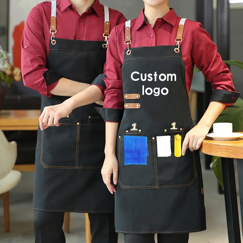 Logo personalizzato tela impermeabile cameriere cucina grembiule da cucina Unisex uniforme commerciale Bar Cafe ristorante grembiule nero