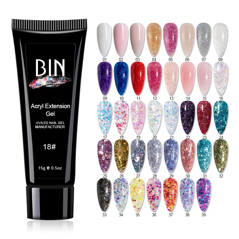 Bin 15Ml Effen Kleuren Acrygel Polly Gel Custom Private Label Uv Poligel Glitter Nagelverlenging Poly Acryl Gel