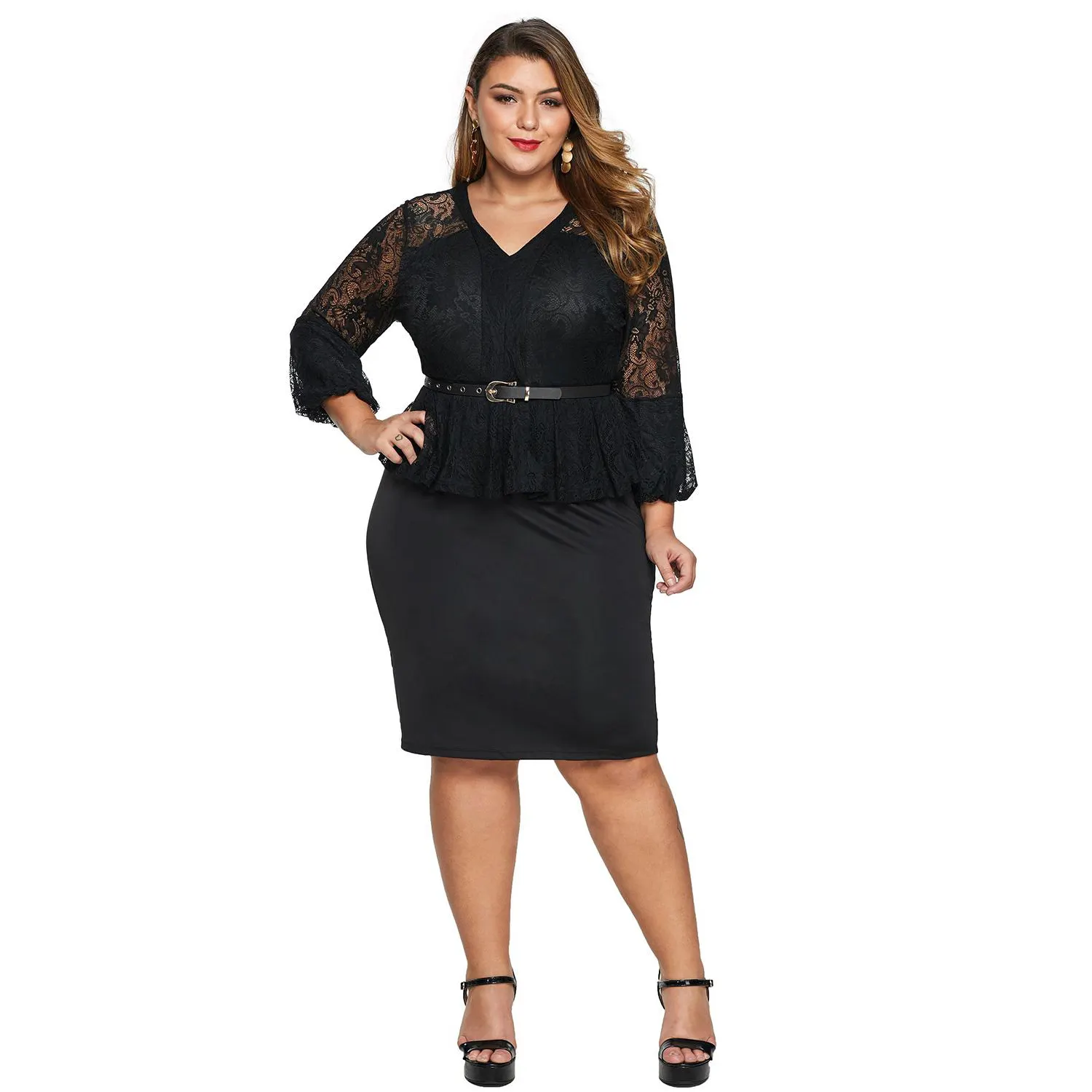 Vestido peplum de renda plus size, atacado, mulheres vestido feminino plus size com cinto