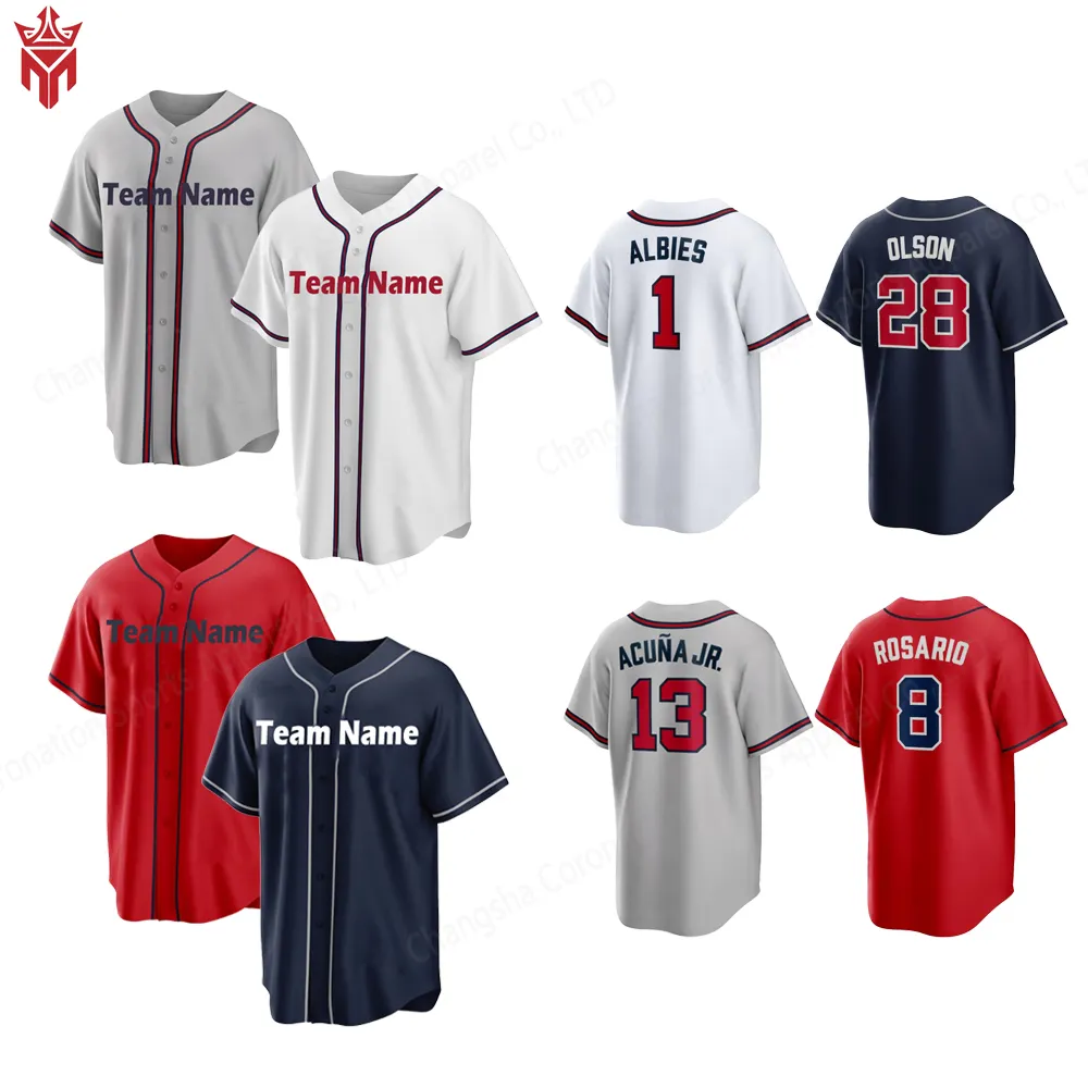 Camisa de beisebol americana costurada Atlanta 13 Acuna Jr. 1 Albies 8 Rosario 27 Riley 28 camisas Olson
