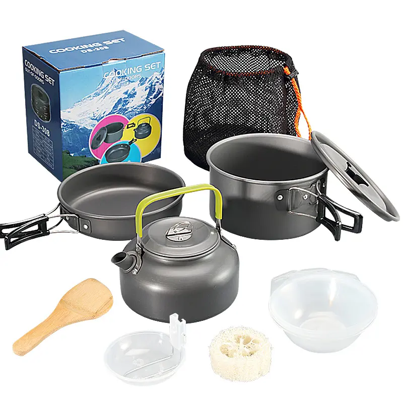 AJOTEQPT Outdoor DS-308 Pot Set Combination Alumina Portable Camping Pans With Mesh Set Bag For Backpacking  Hiking  Picnic
