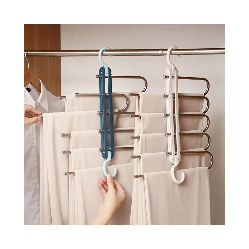 5 in 1 Foldable pants hanger 5 layers space saving stainless steel plastic organizer non trouser scarf hanger rack