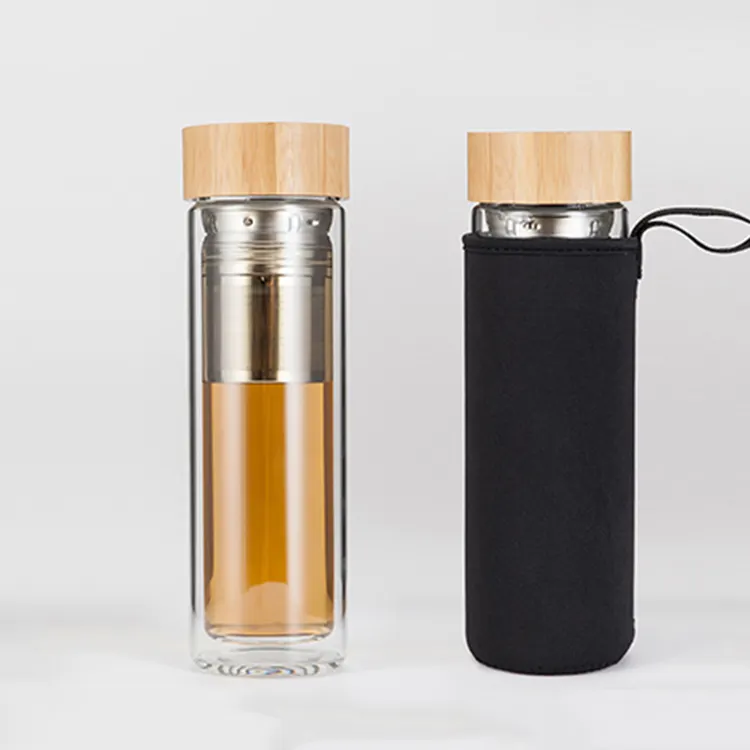 Botella de té de cristal con logotipo personalizado, con tapa de bambú, doble pared, Infusor de té de acero inoxidable, 400ml